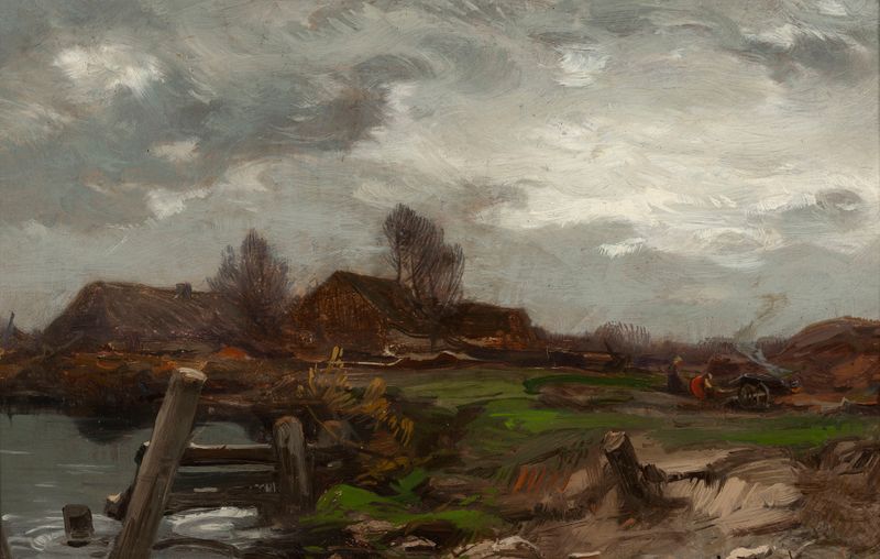 Landscape – Cottages at Waterside by Roman Kazimierz Kochanowski, oil painting depicting cottages by the water