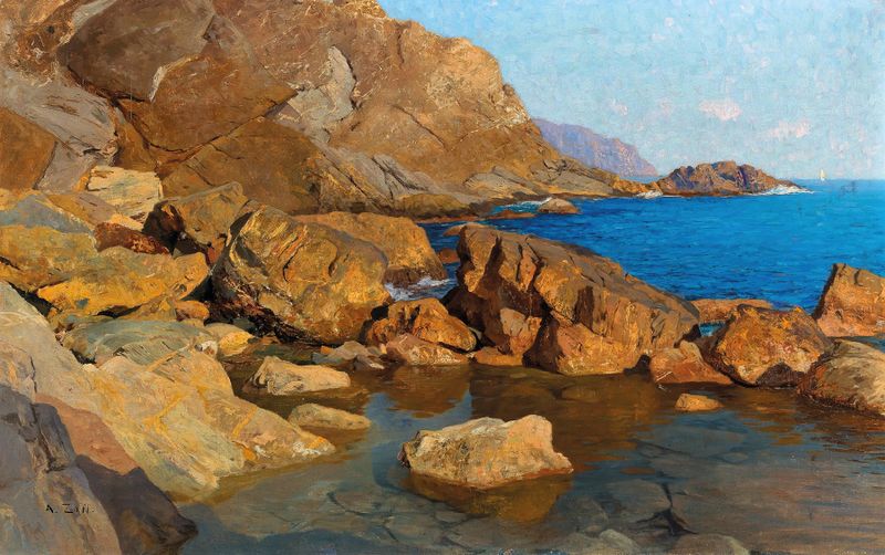 Felsige Küste bei Nervi in Abendsonne de Alfred Zoff, óleo sobre lienzo que representa una costa rocosa.