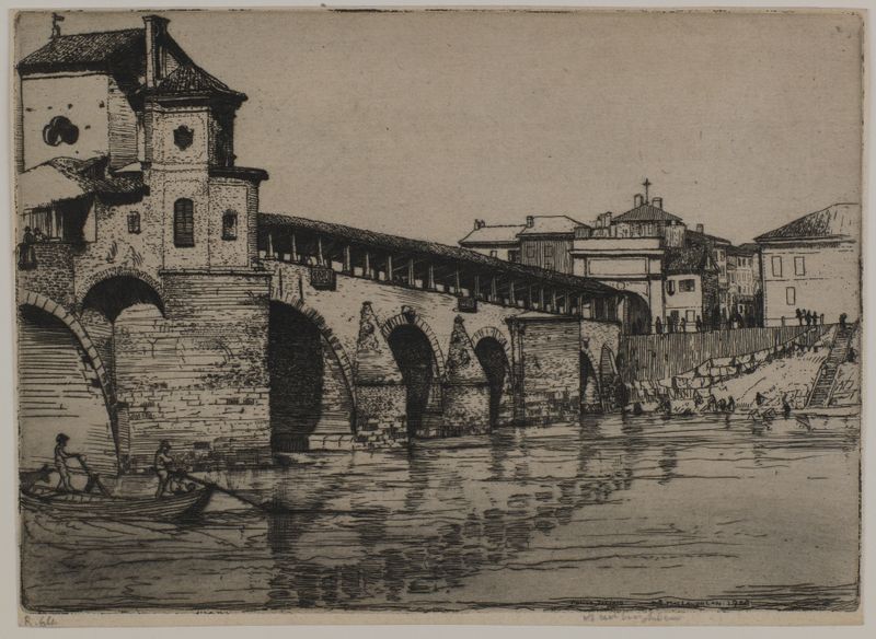 Ponte Ticino, Pavia by Donald Shaw MacLaughlan, impressionism, depicting a bridge over a river at twilight