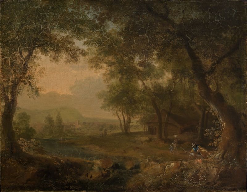 Landscape depicting twilight forest scene by Philipp Hieronymus Brinckmann