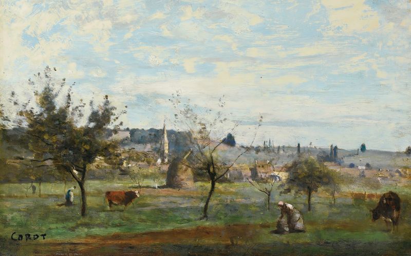 Paisagem de colinas e uma aldeia em óleo de Jean-Baptiste-Camille Corot