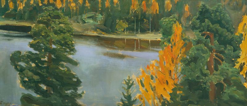 Lake View In Autumn, oil on canvas by Akseli Gallen-Kallela, depicting autumn foliage and a tranquil lake.