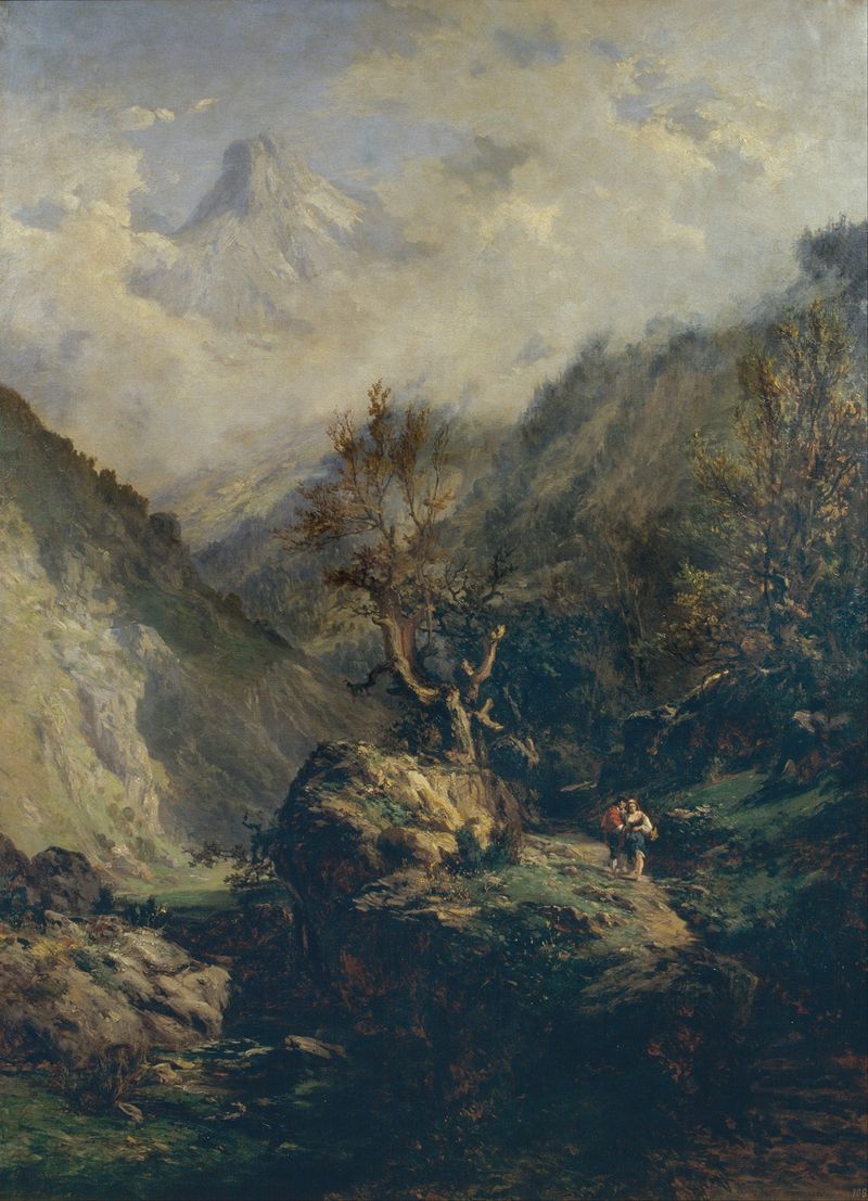 Landscape of mountains and sky in oil painting by Carlos de Haes