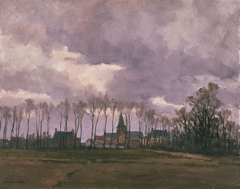 Landscape with a View of a Village by Karel Van Lerberghe, oil on canvas depicting houses and fields.