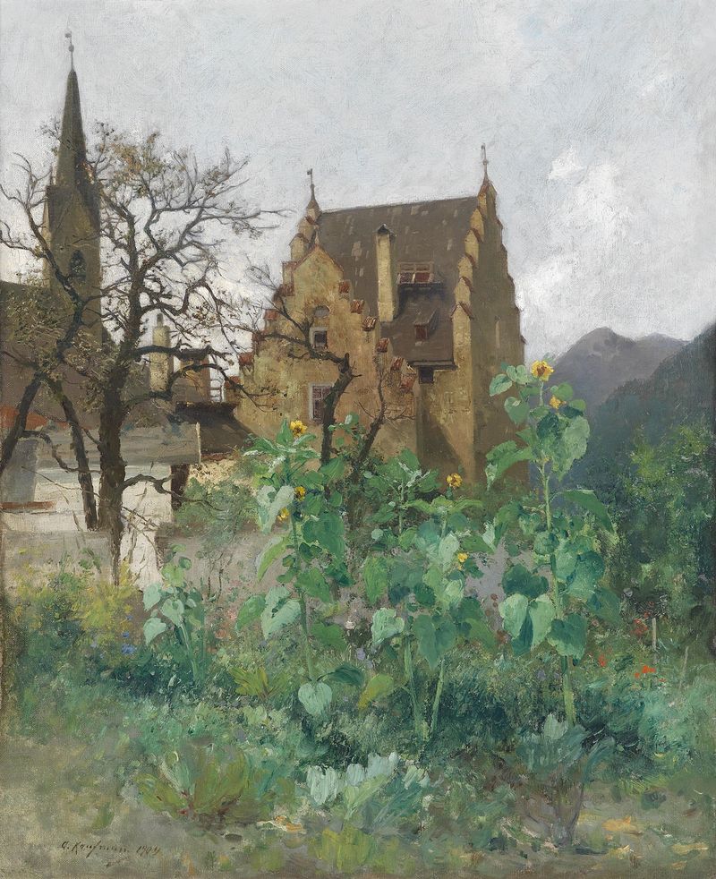 Girassóis em um jardim, óleo sobre tela de Adolf Kaufmann