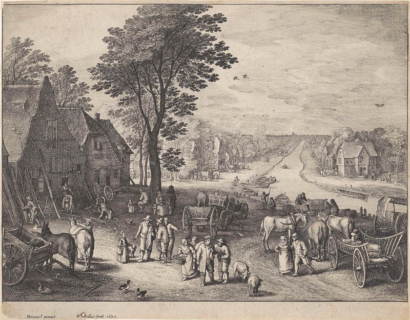 Gravura de Wenceslaus Hollar representando uma paisagem de vila com um canal.