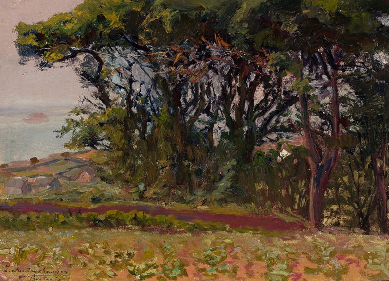 Landscape from Brittany, óleo sobre tela de Zygmunt Andrychiewicz, retratando uma cena costeira serena.