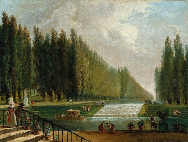 Pintura rococó de Hubert Robert que retrata um parque com figuras e uma cascata