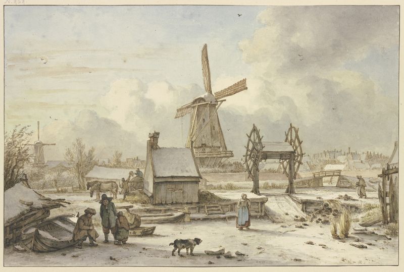 Winter landscape with a windmill and ship lift by Jan Hulswit, medium unknown
