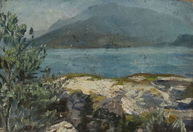 Sommerliches Seeufer by Hermann Pleuer, oil on canvas depicting a tranquil lake and sunlight reflections.