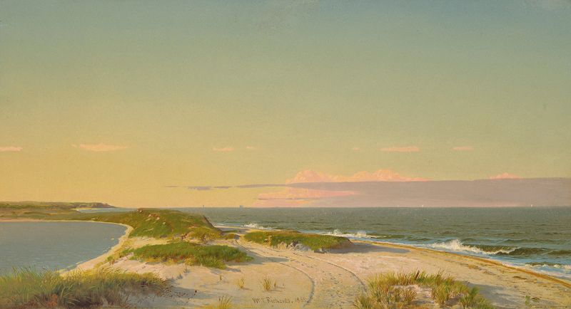 Nantucket Shore de William Trost Richards, pintura a óleo que retrata uma paisagem marinha serena.