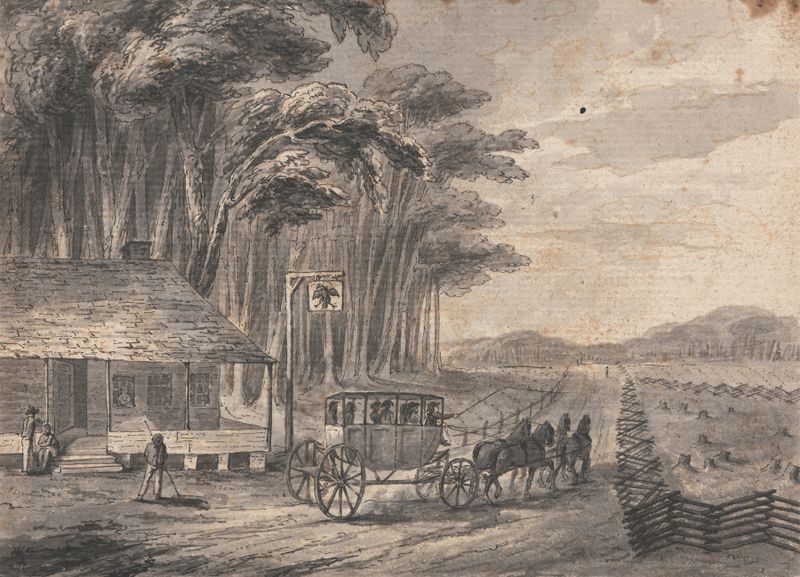 American Stage Wagon de Isaac Weld, realismo, representa una carreta en un escenario vacío con iluminación dramática.