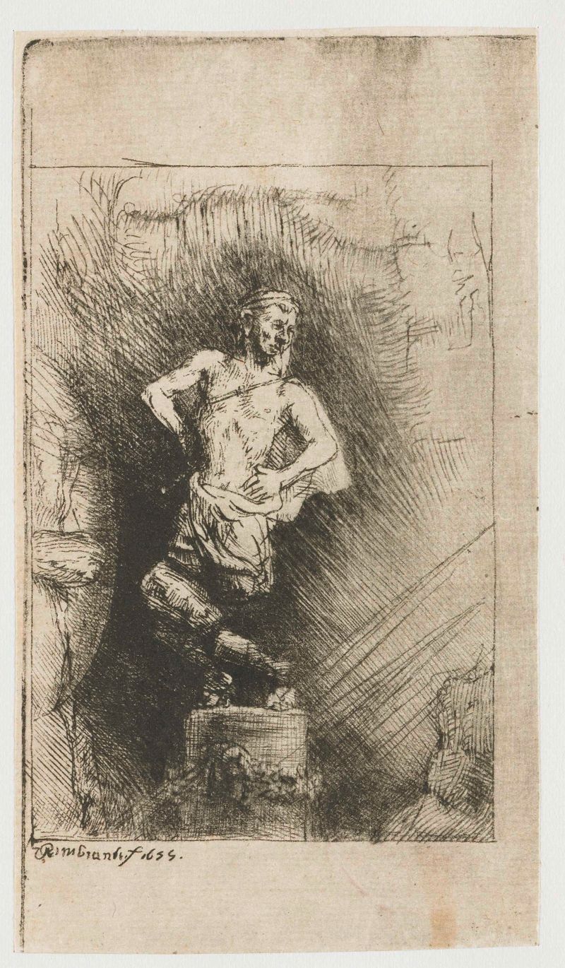 Grabado de Rembrandt van Rijn que representa a Nabucodonosor con luz y sombra dramáticas.