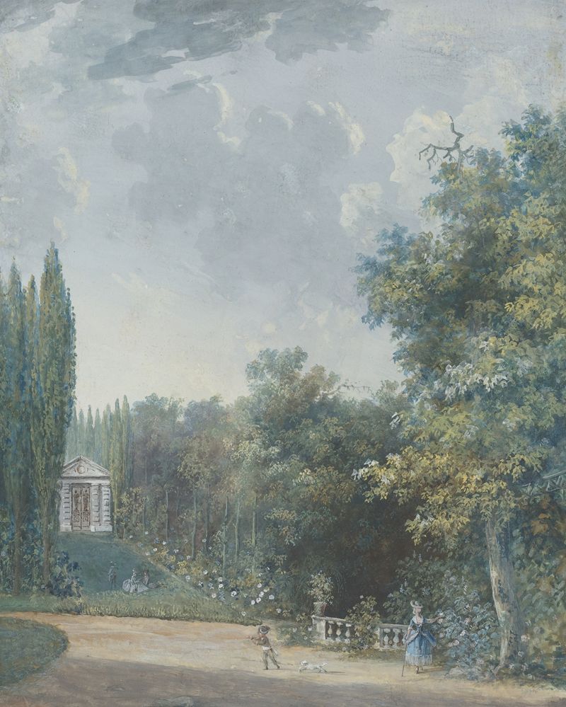 Paisagem de um parque com árvores e luz do sol de Louis Gabriel Moreau, pintura a óleo