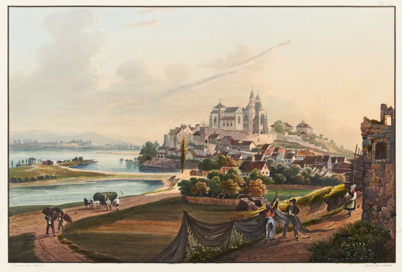 Paisagem de um rio e uma aldeia de Johann Ludwig Bleuler, óleo sobre tela