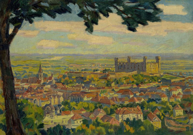 Bratislava from Nový Svet by Gustáv Mallý, oil on canvas depicting a serene city skyline.