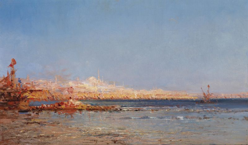 Blick auf Konstantinopel de Félix Ziem, pintura al óleo que muestra un horizonte de ciudad al atardecer.