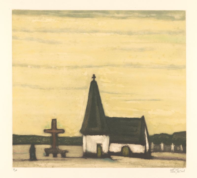 Paisaje con una iglesia antigua bajo un cielo apagado, óleo sobre lienzo de Armand Apol