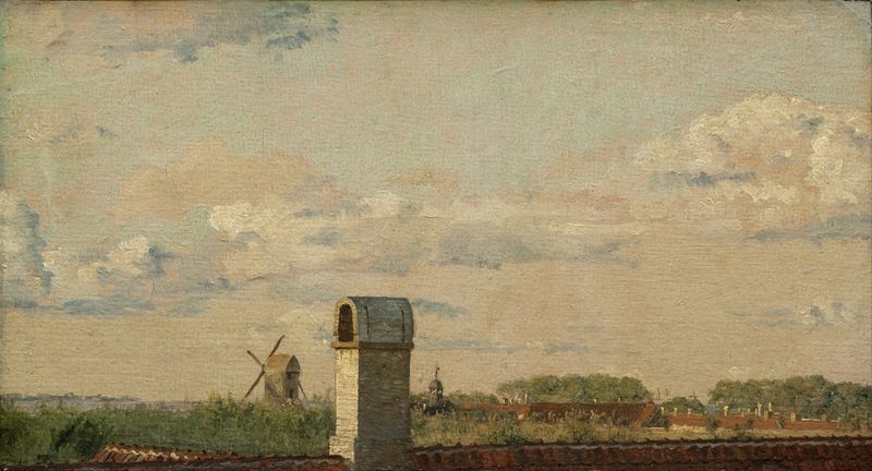 Oil painting by Christen Købke depicting rooftops and sky over Copenhagen