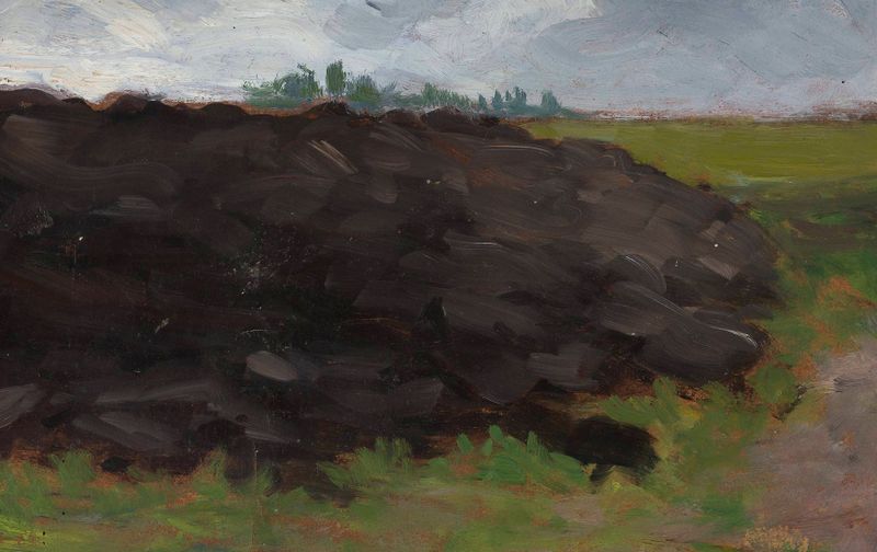 Paisagem de Władysław Ostrowski, óleo sobre tela representando colinas e pôr do sol
