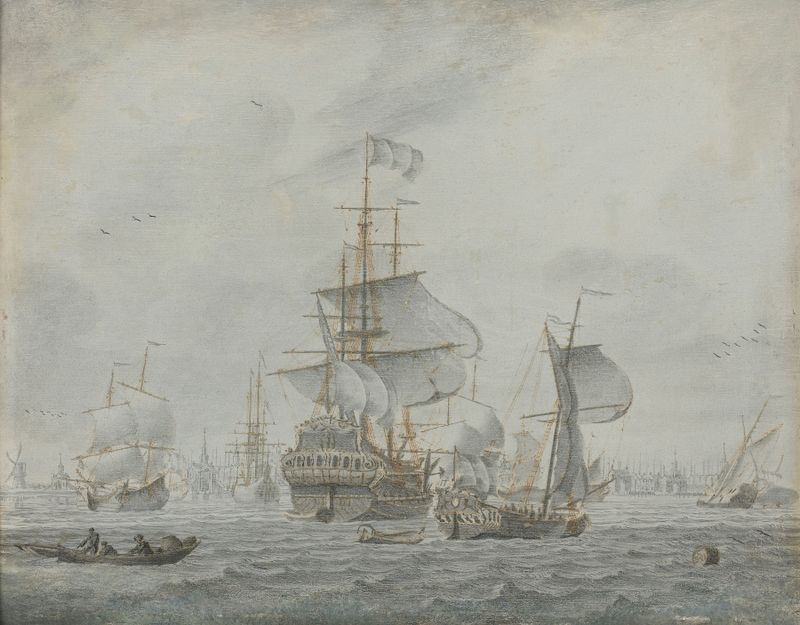 Shipping In A Gusty Breeze de Cornelis Bouwmeester, óleo que muestra un barco en olas turbulentas