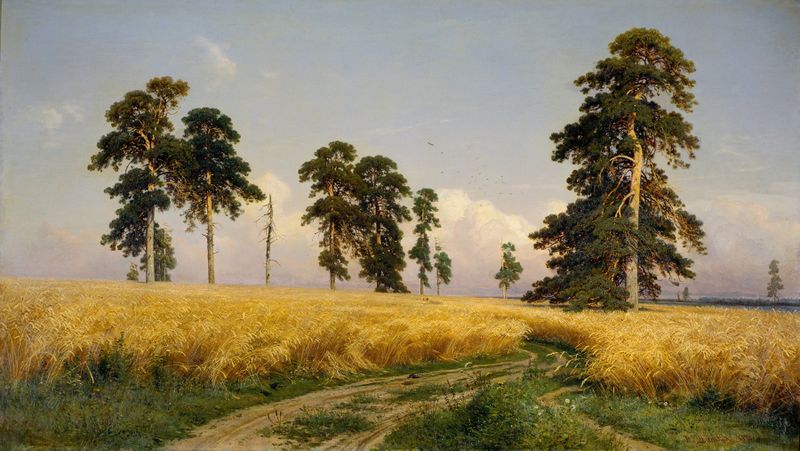 Rye Fields by Ivan Ivanovich Shishkin, oil painting of golden rye swaying under a muted sky.