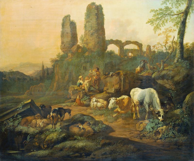 Shepherd family resting near ancient ruins, oil on canvas by Johann Heinrich Roos
