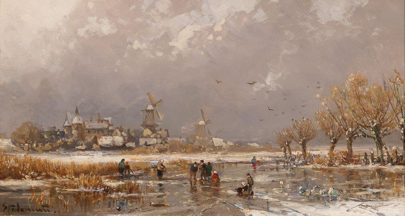 Winter Pleasures On The Ice by Adolf Stademann, genre scene depicting figures skating on ice.