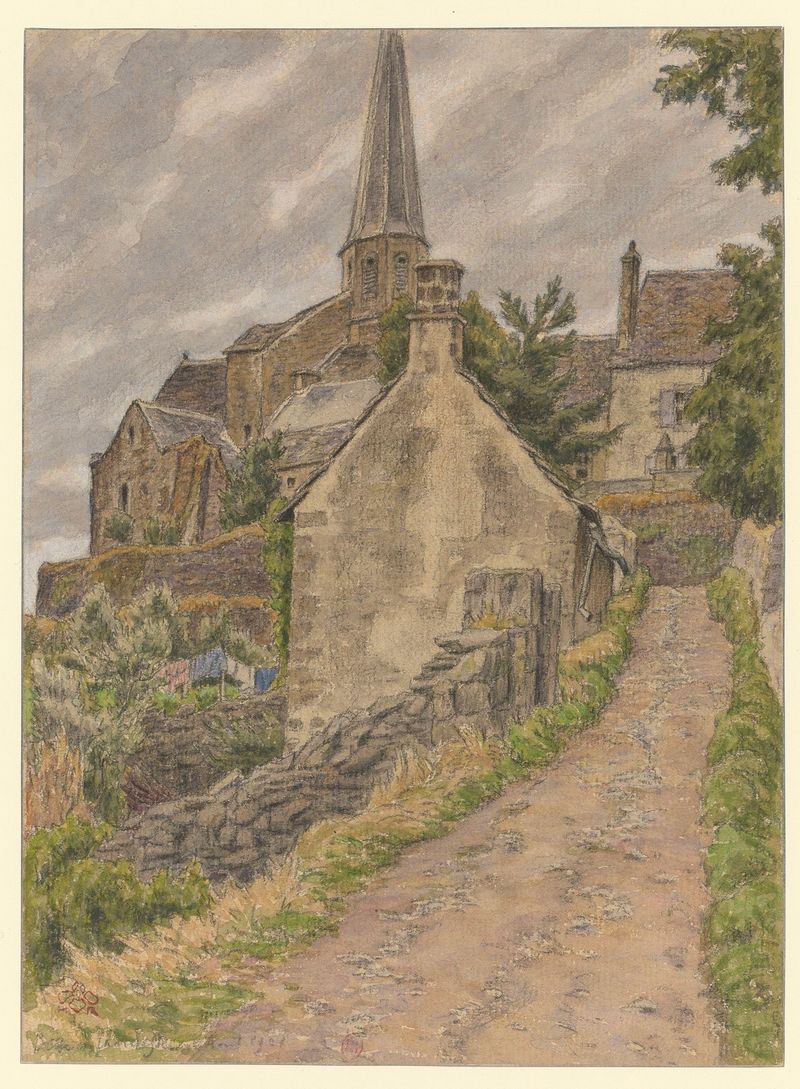 Besse-en-Chandesse de Henri Rivière, litografía que representa colinas y un atardecer.