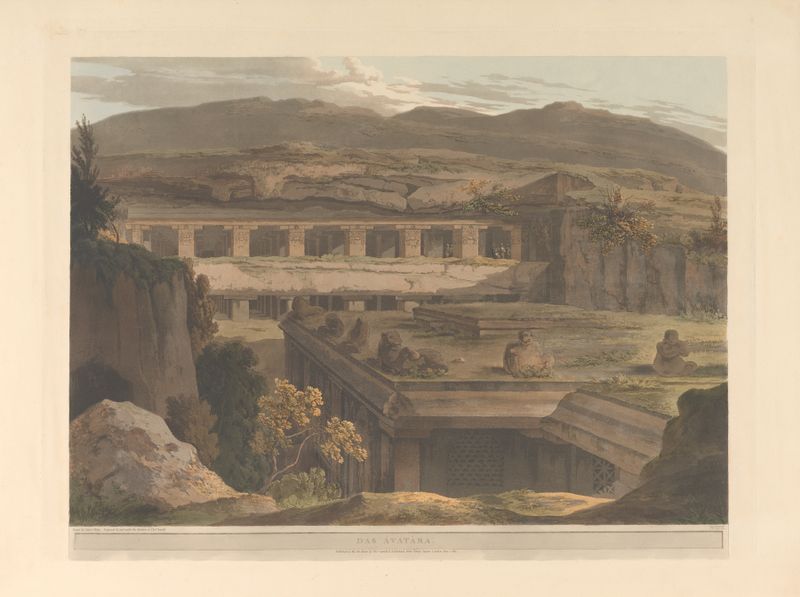 Oriental scenery Pl.41 de Thomas Daniell, pintura a óleo que retrata um rio tranquilo e colinas.