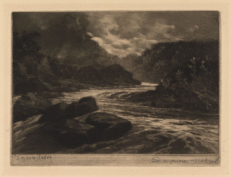 Gravura de Francis Seymour Haden mostrando uma paisagem de rio tranquila.