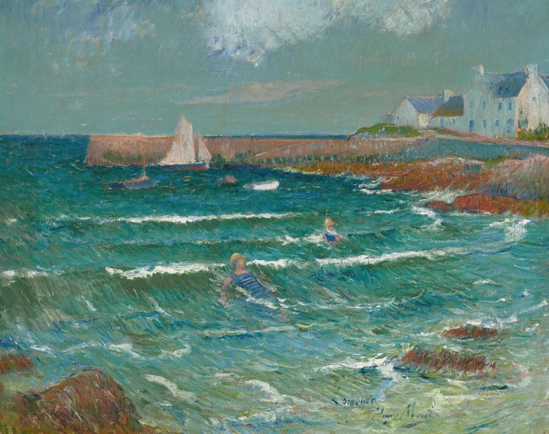 Marine scene with figures splashing in the sea, oil painting by Henry Moret