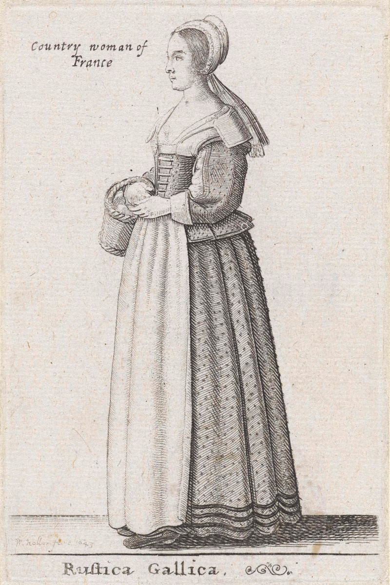 Mulher do campo da França em gravura de Wenceslaus Hollar, de pé na natureza.
