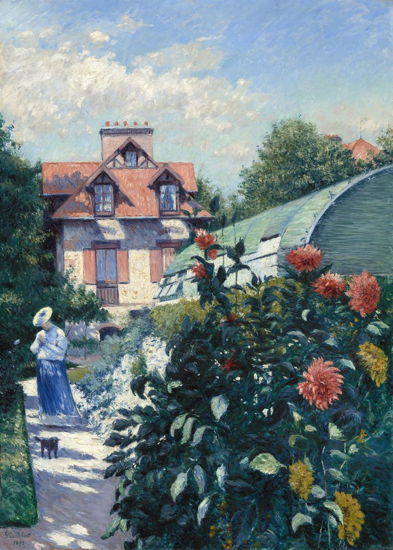 Dálias em um jardim, óleo sobre tela de Gustave Caillebotte