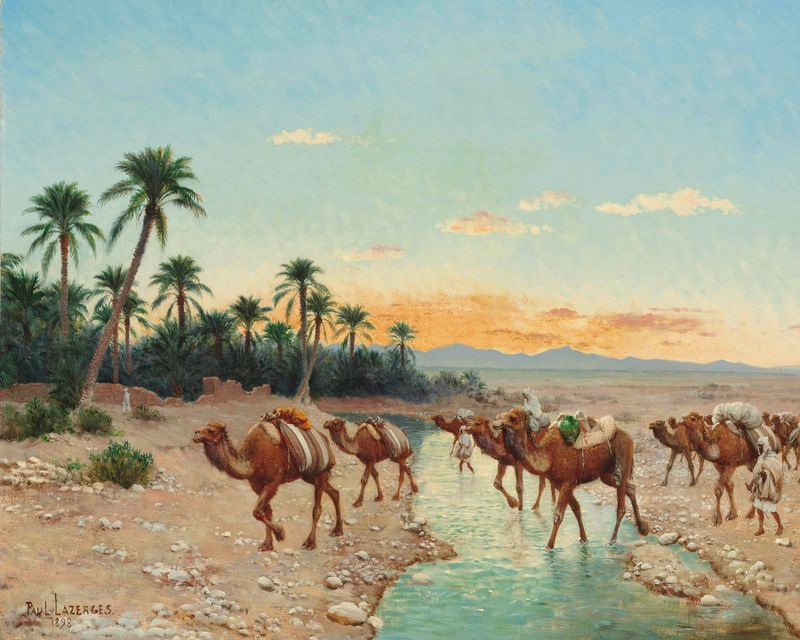 La Caravana de Jean Baptiste Paul Lazerges, óleo sobre lienzo que representa una caravana en un paisaje.