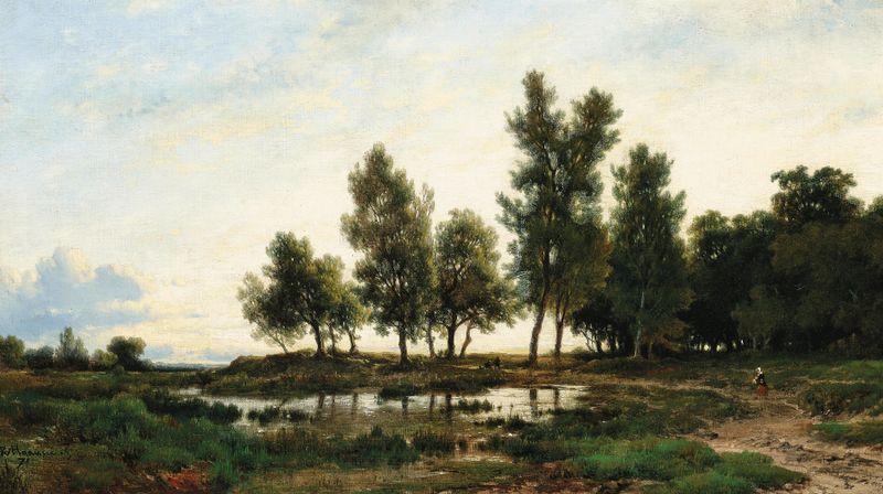 Uma paisagem de pântano ao crepúsculo, com dois viajantes, de Remigius Adrianus van Haanen, pintura a óleo