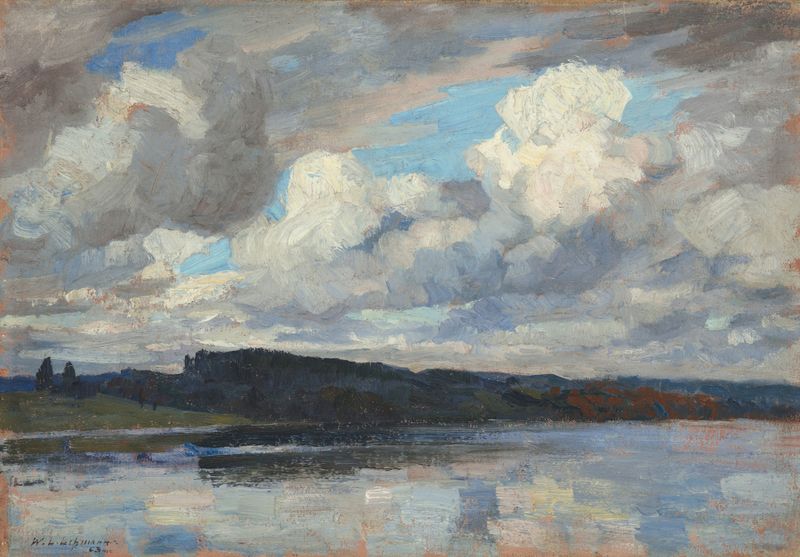 Wolkenstimmung am Chiemsee by Wilhelm Ludwig Lehmann, oil on canvas depicting a serene lake landscape.