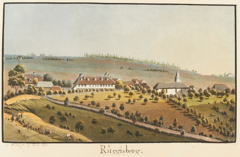 Rüggisberg by Jakob Samuel Weibel, oil on canvas depicting a tranquil landscape with golden light.