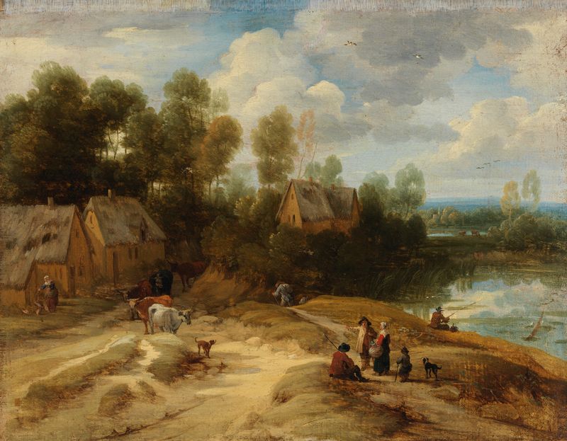 Landscape with Peasants and Cattle by Lodewijk de Vadder, oil painting depicting laborers and cattle in a sunny landscape.
