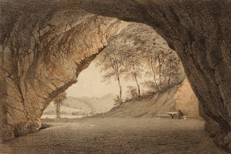 Watercolour by Louis Höflinger depicting a cave with light and shadows