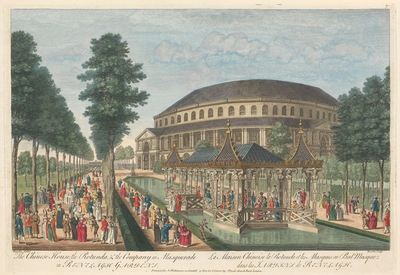 Engraving by Thomas Bowles III depicting guests in masquerade at Renelagh Gardens