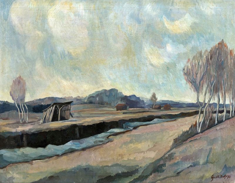 Paisaje con colinas y flores silvestres, óleo sobre lienzo de August Kratzer
