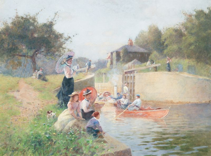 A summer’s day, Marlow Lock de Hector Caffieri, Impresionismo, que representa una tranquila escena de río