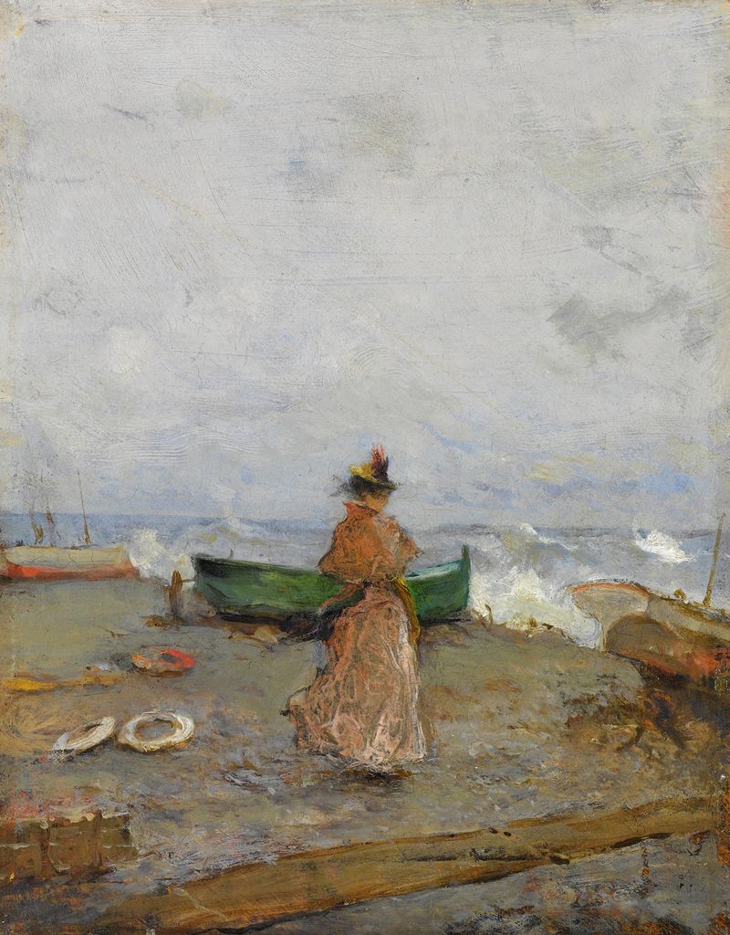 Pintura figurativa a óleo de Pompeo Mariani de uma mulher reclinada em rochas à beira-mar.