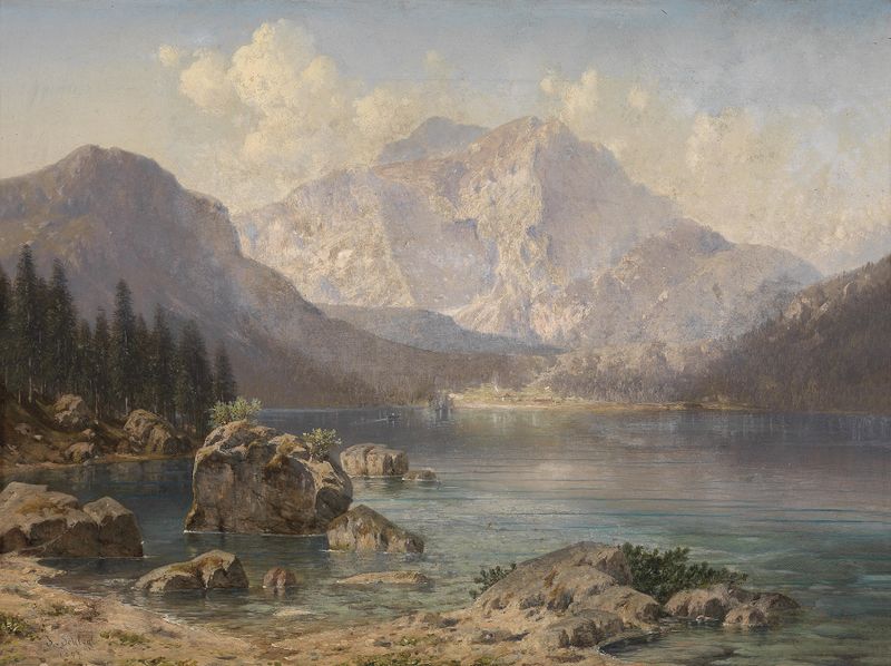 Paisaje del lago Langbath con montañas, óleo sobre lienzo de Josef von Schlögl