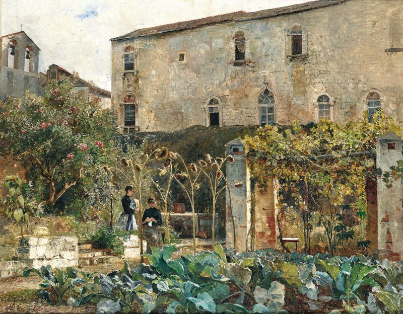 Escena botánica con una mujer en un vestido blanco entre flores, de Marie Egner