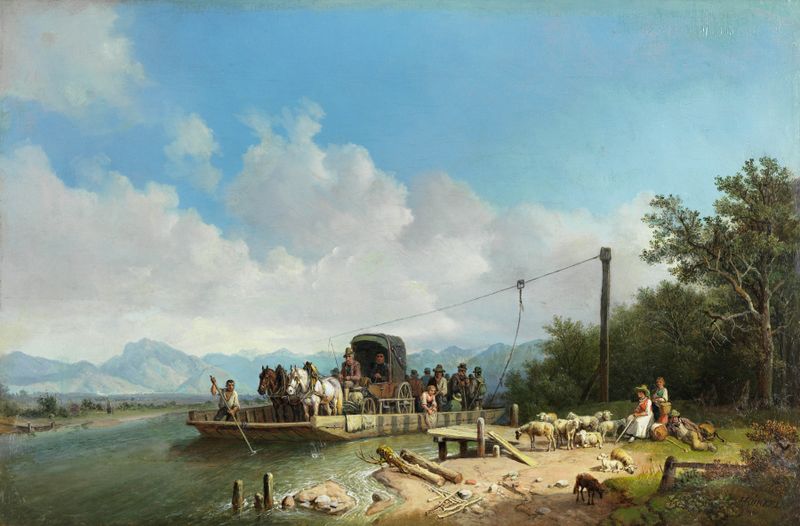 Fähre am Inn by Heinrich Bürkel, oil painting depicting a ferry on a river.