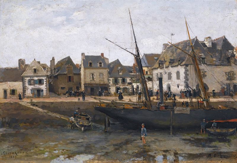 Oil painting of a coastal landscape featuring a fishing village by Alexander Karlovich Beggrov