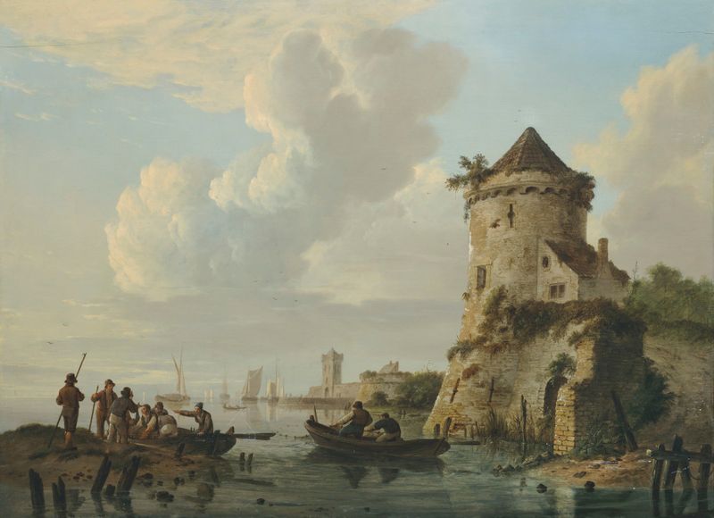 Oil on canvas by Johannes Hermanus Koekkoek depicting fishermen pulling in nets at sunset.