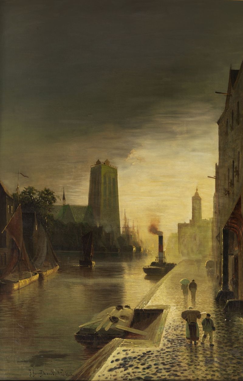 Landscape depicting a river and architecture by Johann Jungblut, oil painting